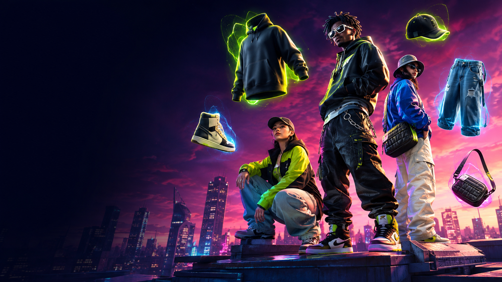 Streetwear collectors surrounded by hoodie, denim, cap, shoe and bag pickups over a neon city