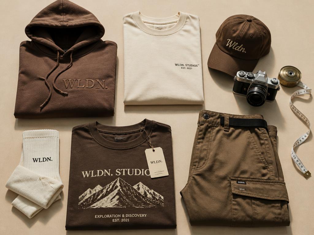 Flat lay of streetwear pieces ready to sell or trade with LevelUp